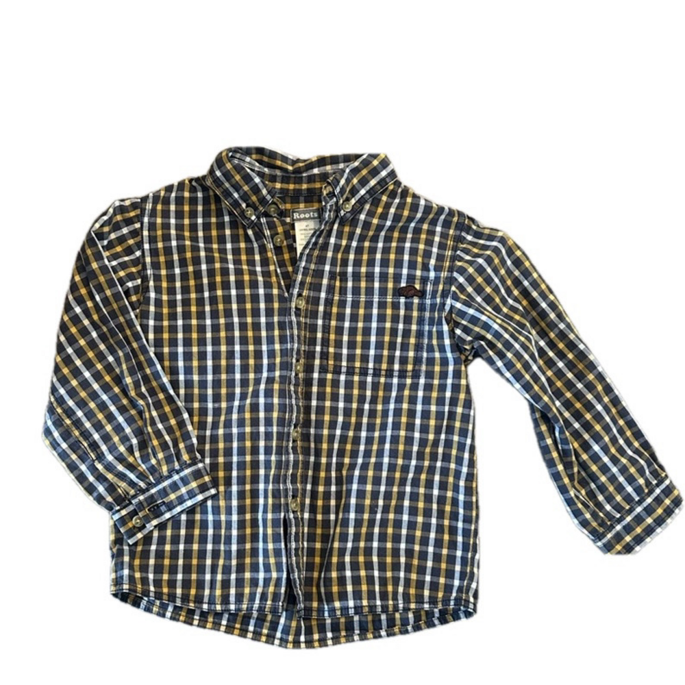 3/20$ Roots kids toddler blue yellow plaid long sleeve button down size 4T